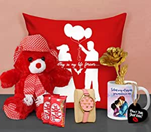 Valentine Week Gift Combo Pack for Girlfriend Girls Wife Boyfriend Husband - Valentines Gift Pack (Teddy, Artificial Rose with Greeting Card and Chocolates)