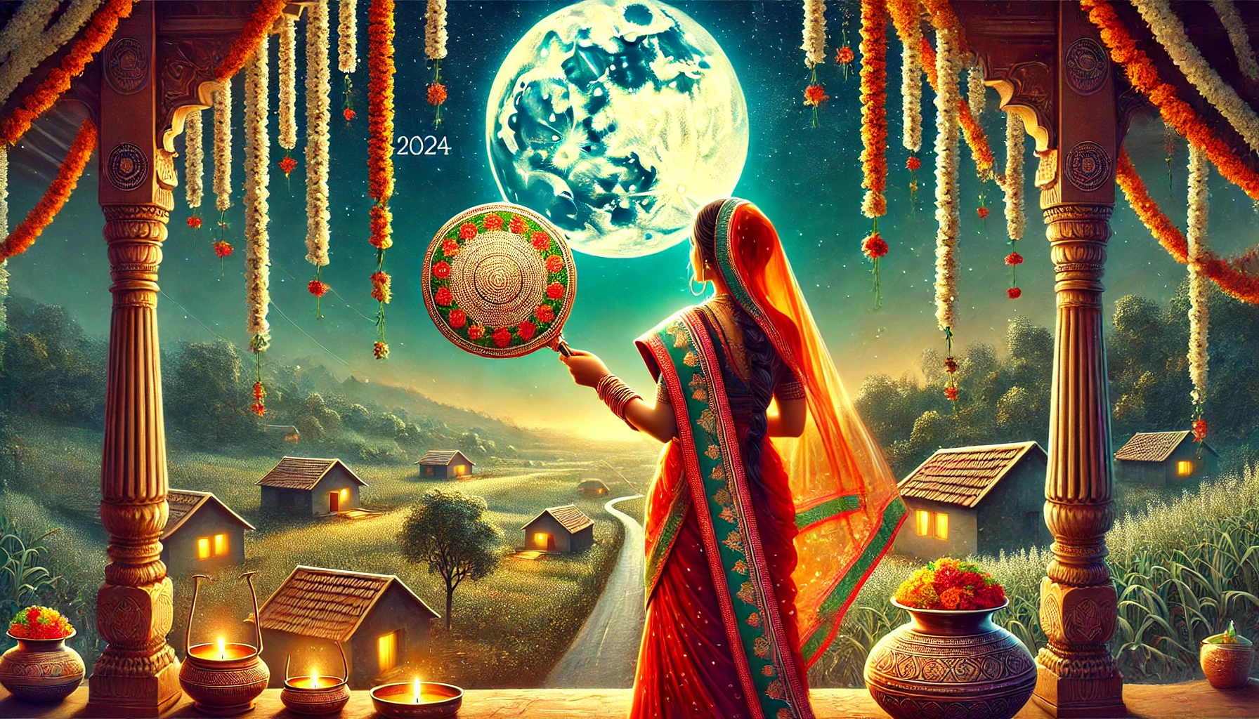 DALL·E 2025-01-21 20.36.32 - An artistic and vibrant depiction of Karwa Chauth 2024, featuring a traditional Indian woman in a red saree holding a decorated sieve (chalni) and loo goldrateindiatoday