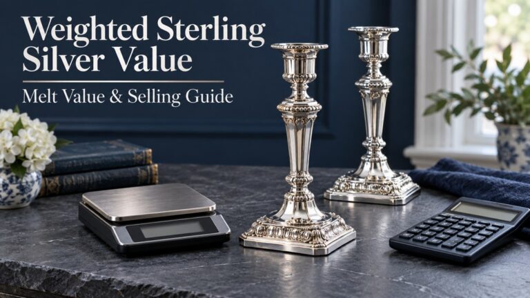 Weighted sterling silver value guide with candlesticks, weighing scale and calculator