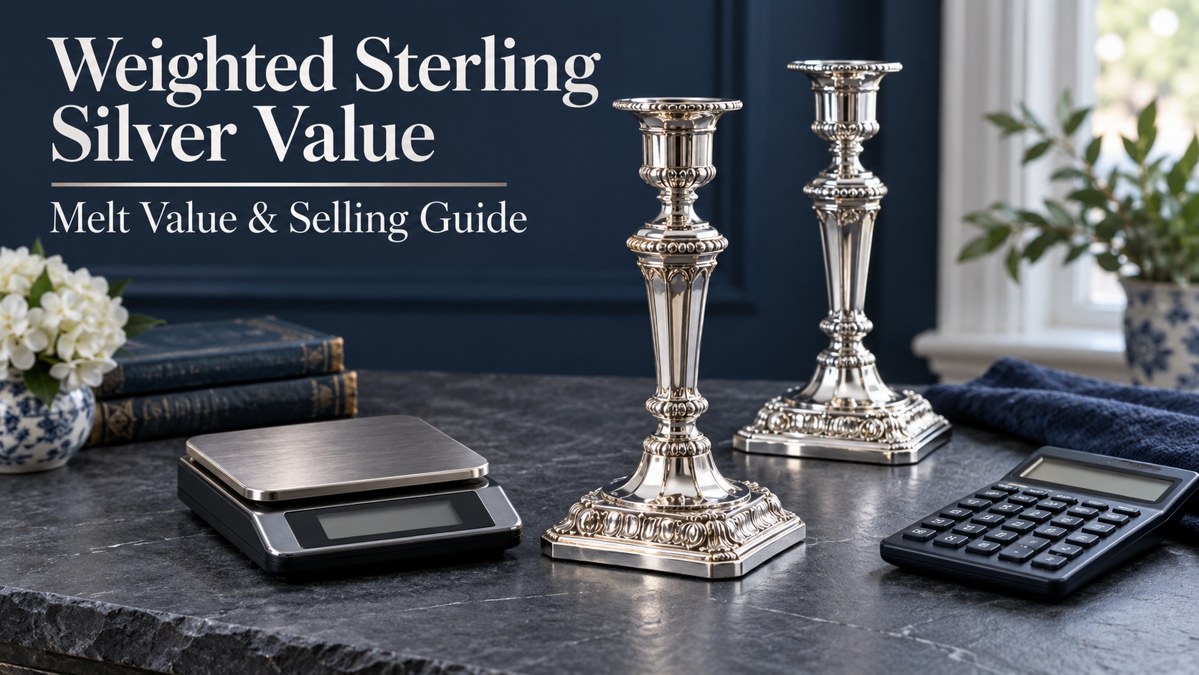 Weighted sterling silver value guide with candlesticks, weighing scale and calculator